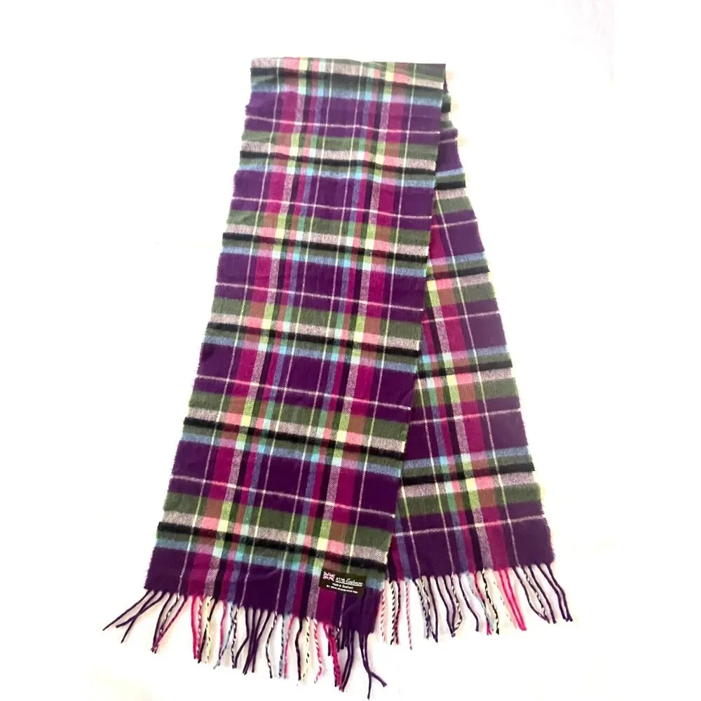 100% Cashmere Purple Plaid Scarf Made in Scotland Soft 35x12.5